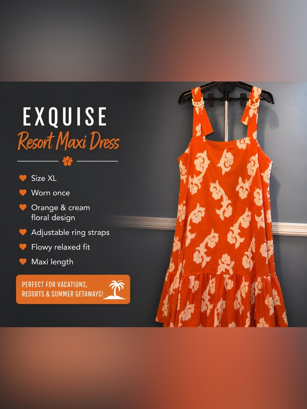 Exquise Orange Cream Floral Resort Midi Maxi Dress XL EUC 🧡